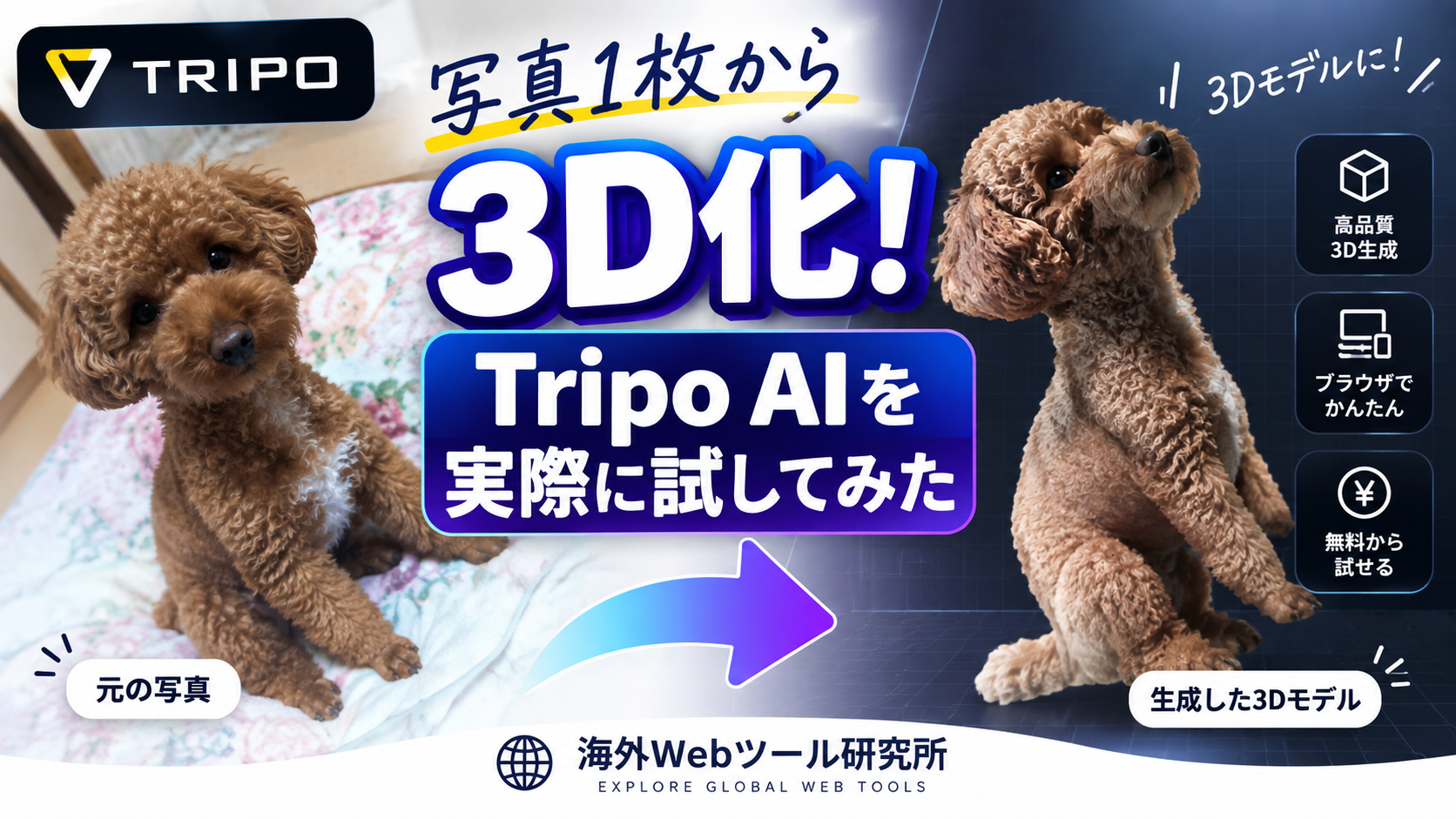Tripo AIで犬の写真1枚から3Dモデルを生成した比較画像